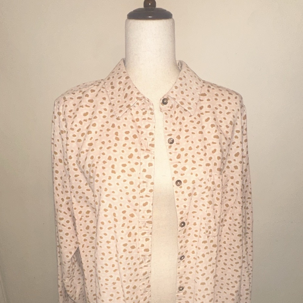 Foxcroft Women's 18W Plus Pink/Beige Animal Print Corduroy Button-Up Shirt